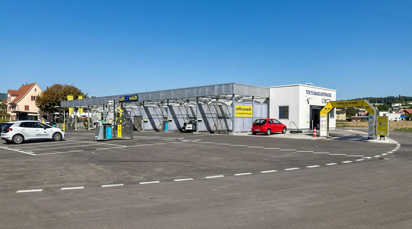 Un autolavaggio self-service all’aperto con diverse postazioni di lavaggio e due auto parcheggiate in una giornata di sole. Un autolavaggio self-service all'aperto con diverse postazioni di lavaggio e due auto parcheggiate in una giornata di sole.