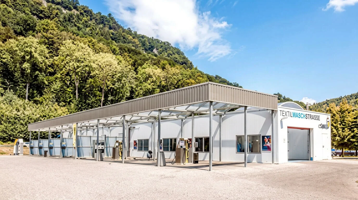 Un autolavaggio moderno con diverse postazioni di lavaggio, circondato da alberi e colline. Un autolavaggio moderno con diverse postazioni di lavaggio, circondato da alberi e colline.