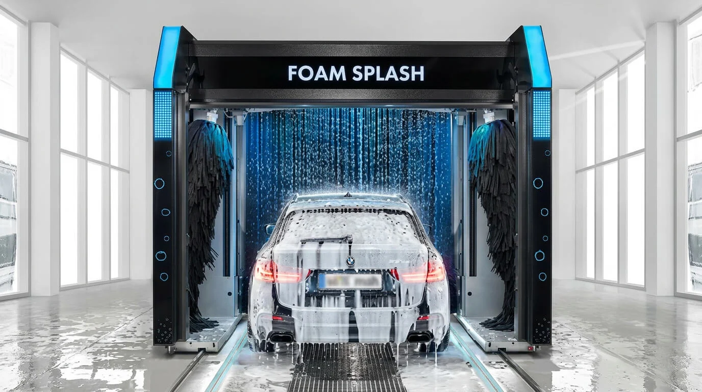 Un’auto bianca coperta di schiuma in un autolavaggio automatico chiamato “Foam Splash”. Un’auto bianca coperta di schiuma in un autolavaggio automatico chiamato “Foam Splash”.