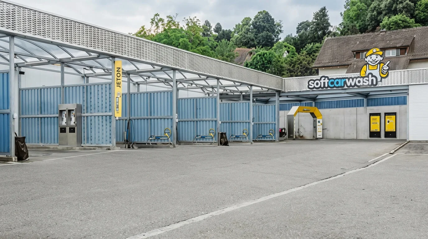 Autolavaggio self-service all’aperto con postazioni di lavaggio blu, cartelli gialli e un’insegna “Soft Carwash”. Autolavaggio self-service all’aperto con postazioni di lavaggio blu, cartelli gialli e un’insegna “Soft Carwash”.