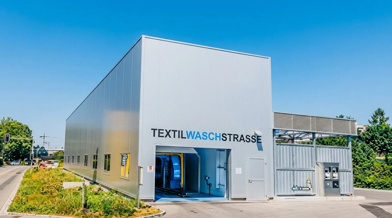 Un moderno impianto di lavaggio tessile a Muri bei Bern con la scritta “Textilwaschstrasse” sotto un cielo blu. Un moderno impianto di lavaggio tessile a Muri bei Bern con la scritta “Textilwaschstrasse” sotto un cielo blu.