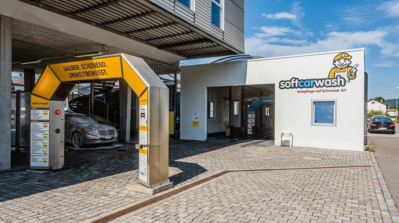 Un’auto entra in un impianto di lavaggio self-service Softcarwash passando sotto un arco giallo accanto a un edificio bianco. Un'auto entra in un impianto di lavaggio self-service Softcarwash passando sotto un arco giallo accanto a un edificio bianco.