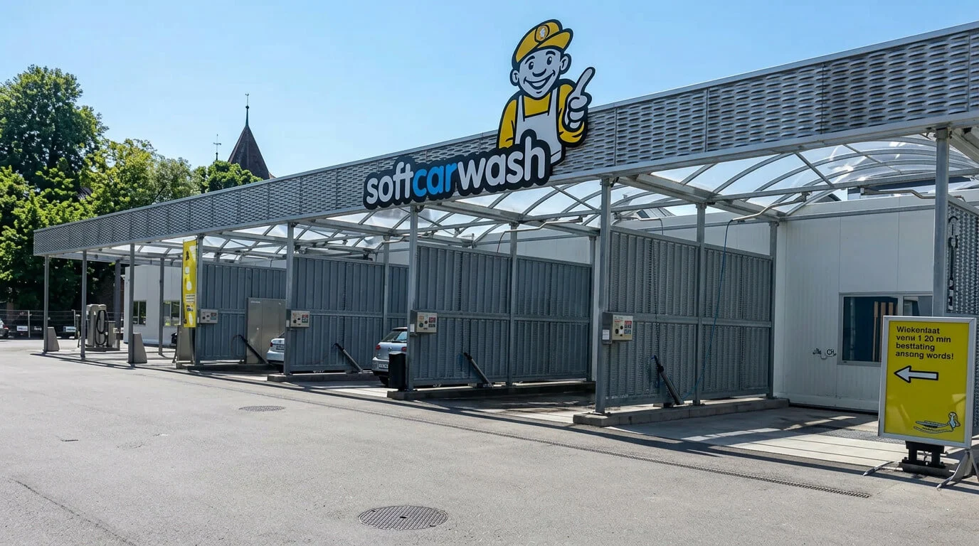 Autolavaggio self-service all’aperto con postazioni di lavaggio vuote e un’insegna con una mascotte cartoon sopra. Autolavaggio self-service all'aperto con postazioni di lavaggio vuote e un'insegna con una mascotte cartoon sopra.