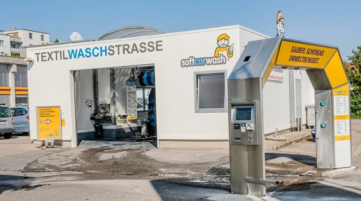 Autolavaggio self-service con chiosco di pagamento a Spreitenbach, con edificio bianco sullo sfondo. Autolavaggio self-service con chiosco di pagamento a Spreitenbach, con edificio bianco sullo sfondo.