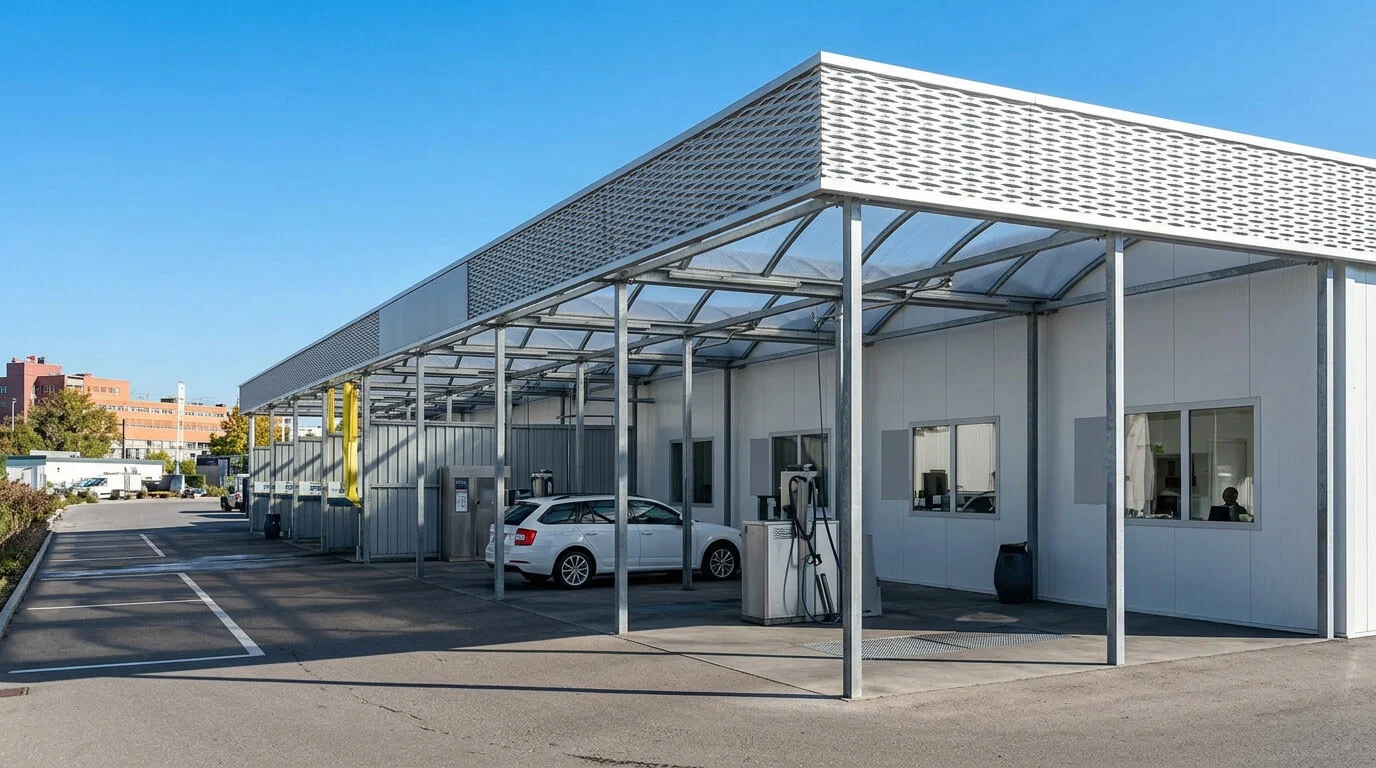Un’auto bianca in un autolavaggio drive-through sotto una tettoia metallica in una giornata di sole. Un’auto bianca in un autolavaggio drive-through sotto una tettoia metallica in una giornata di sole.