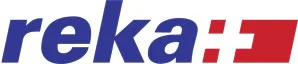 Logo with the word "reka" in blue letters, followed by red stylized shapes on a white background.