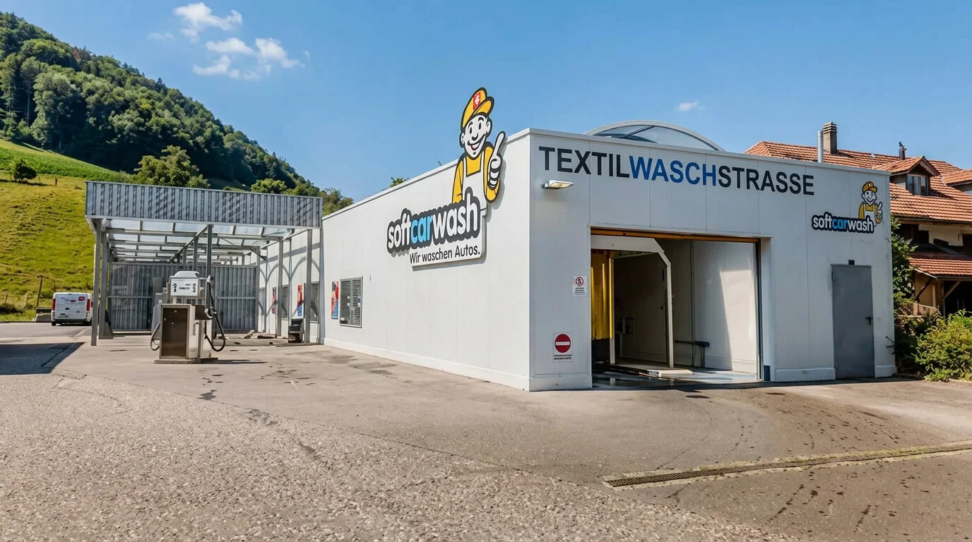 Un edificio per il lavaggio auto con la scritta “TEXTILWASCHSTRASSE” e una mascotte a fumetti sull’insegna. Un edificio per il lavaggio auto con la scritta “TEXTILWASCHSTRASSE” e una mascotte a fumetti sull'insegna.