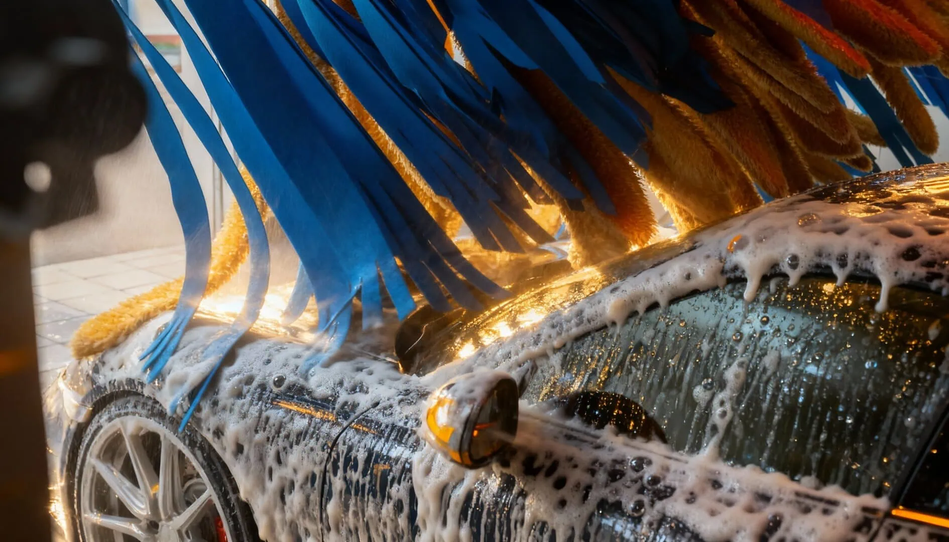 Un'auto insaponata che viene lavata in un autolavaggio automatico da spazzole rotanti blu e gialle.