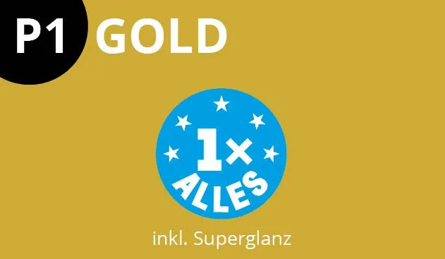 Sfondo dorato con la scritta “P1 GOLD”, un cerchio blu con la scritta “1x ALLES”, “Programmi di lavaggio”, con la dicitura “inkl. Superglanz” sotto. Sfondo dorato con la scritta “P1 GOLD”, un cerchio blu con la scritta “1x ALLES”, “Programmi di lavaggio”, con la dicitura “inkl. Superglanz” sotto.