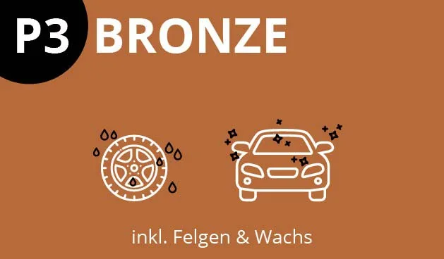 P3 Bronzo: icone “Lavaggio auto e ruote”, “Programmi di lavaggio”, incl. “Cerchioni e cera” su sfondo marrone. P3 Bronzo: icone "Lavaggio auto e ruote", "Programmi di lavaggio", incl. "Cerchioni e cera" su sfondo marrone.